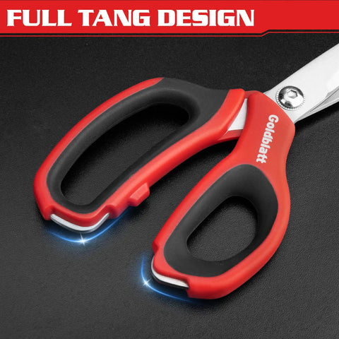 Go To Workhorse Heavy Duty Scissors Set 2 Piece Multipurpose Shop Shears 8 Inch And 10 Inch Non Slip TPR Grips Ergonomic Handles Durable Steel For Fabric Cardboard Duct Tape And More, close-up red and black handle