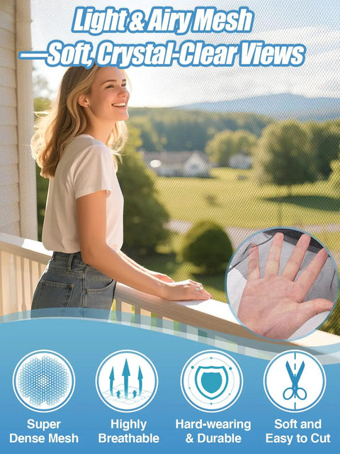 Woman on porch with Two Pack Nearly Invisible Mosquito Net For Patio 13 By 10 Feet Mesh Screen protecting outdoor area