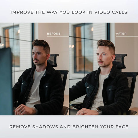 Comparison of video call quality before and after using HighBeam Pro Video Conference Lighting Kit For Zoom And Streaming