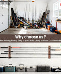 Six Rod Capacity Wooden Fishing Rod Holder Wall Or Ceiling Mount For Garage Boat Cabin Tackle Storage Durable Solid Wood Rack With Wide Openings To Fit All Rods And Reels Keeps Gear Neat And Ready shown installed in a garage.