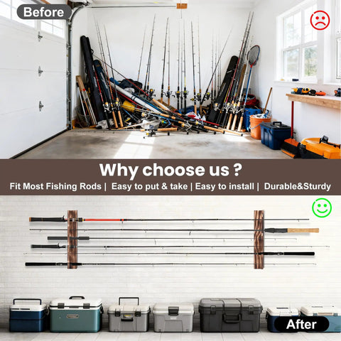 Six Rod Capacity Wooden Fishing Rod Holder Wall Or Ceiling Mount For Garage Boat Cabin Tackle Storage Durable Solid Wood Rack With Wide Openings To Fit All Rods And Reels Keeps Gear Neat And Ready shown installed in a garage.