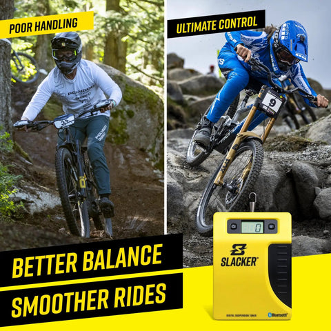 MTB Sag Tool Pro Digital Suspension Tuning Kit With One Person Axle Measurement for better ride control, shown on trail
