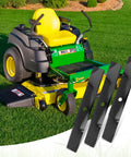 Mower Blades 19 Inch High Lift Replacement 3 Pack For John Deere 54 Inch Deck Models Z445 Z425 Z435 LX280 X340 X380 X710 X730 X734 UC22010 Medium Lift Built To Last Durable next to a John Deere mower on grass.