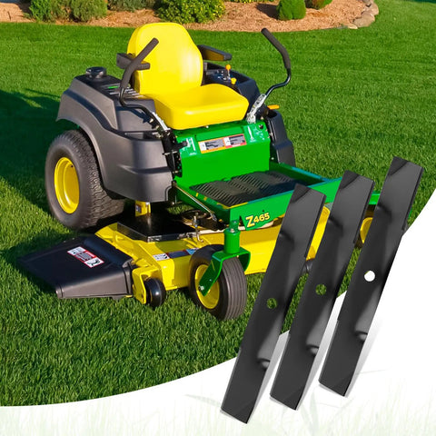 Mower Blades 19 Inch High Lift Replacement 3 Pack For John Deere 54 Inch Deck Models Z445 Z425 Z435 LX280 X340 X380 X710 X730 X734 UC22010 Medium Lift Built To Last Durable next to a John Deere mower on grass.