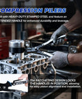 Mechanic using Six Piece Piston Ring Compressor Tool Set With Adjustable Rings And Installer Pliers on engine block