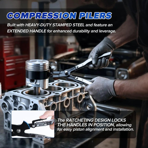Mechanic using Six Piece Piston Ring Compressor Tool Set With Adjustable Rings And Installer Pliers on engine block