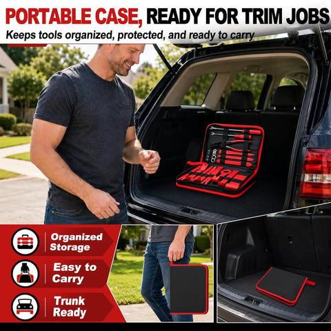 Portable case for Heavy Duty Nylon Trim Removal Tool Kit For Cars With Slick Pry Bars, organized and easy to carry.