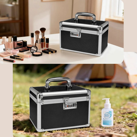 Compact Medicine Lockbox With 3 Digit Combination Lock For Personal Items And Meds, black safe on dresser and campsite, 9.76 x 6.02 x 7.48 inches