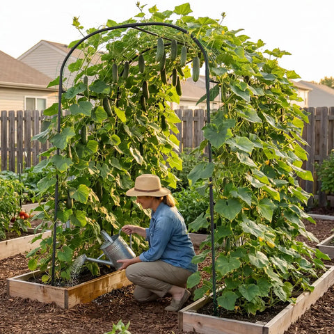 Outdoor Garden Arch Trellis For Climbing Plants, 83 Inch Tall Plant Support Arbor For Backyard And Raised Bed Gardens with vines.
