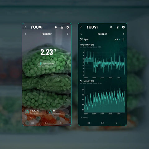Phone screen displaying 3in1 Bluetooth Temperature Humidity And Motion Sensor With Alerts And History (°C/°F), app interface in freezer