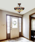 Serenity Tiffany-Style Dark Bronze 2 Light Semi-Flush Ceiling Fixture 16 Inch Wide With Handcrafted Stained Glass Crystals Beads Uplight