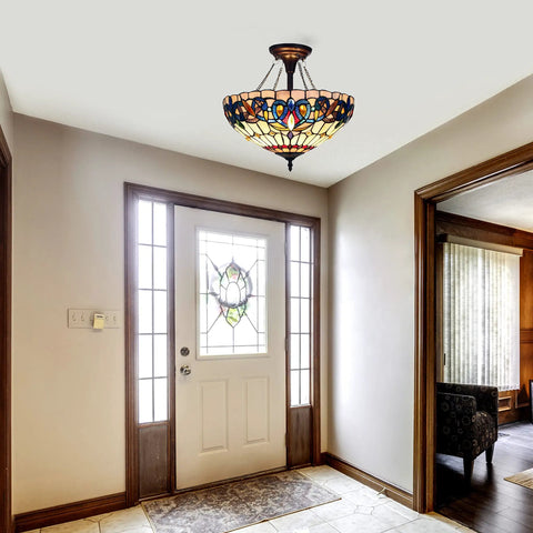 Serenity Tiffany-Style Dark Bronze 2 Light Semi-Flush Ceiling Fixture 16 Inch Wide With Handcrafted Stained Glass Crystals Beads Uplight