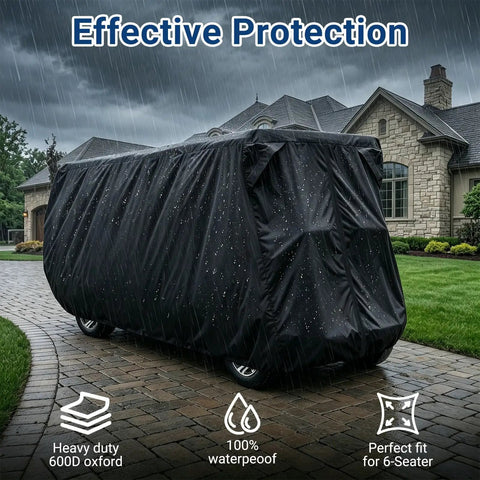 Six Passenger Golf Cart Storage Cover For EZGO Club Car And Yamaha Built Tough with heavy-duty waterproof protection in rain