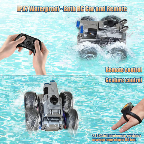 Amphibious Remote Control Car With Water Cannon, Gesture Sensing Stunt RC Boat, shown in water with remote controls.