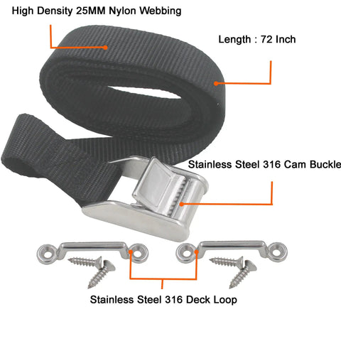 72 Inch Gas Tank Strap With Stainless Steel Cam Buckle And Deck Loops, Hardware Included For Secure Marine Fuel Tank Mounting, Saltwater Ready No Rust Stainless Hardware