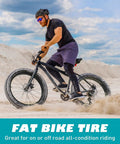 Cyclist riding on sand with Beefy 20x3 Fat Bike Tire for E-Bikes and Mountain Snow Riding, demonstrating off-road capability