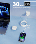 Two Pack 3 Foot USB A To USB C Cable For iPhone 17 Pro Max Air 16 15 Pro Max Plus 16e iPad Pro Air And Android Charger Cord USB C Fast Charging Up To 20W And USB 2 0 3 0 Data Transfer charging setup with phone and laptop.