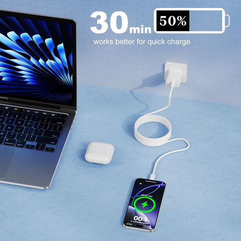 Two Pack 3 Foot USB A To USB C Cable For iPhone 17 Pro Max Air 16 15 Pro Max Plus 16e iPad Pro Air And Android Charger Cord USB C Fast Charging Up To 20W And USB 2 0 3 0 Data Transfer charging setup with phone and laptop.