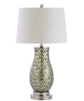 Dope Green Mosaic LED Table Lamp With Iron Base And White Linen Drum Shade Coastal Traditional Style Nickel Accents UL Listed LED Bulb Included 28 Inch Tall