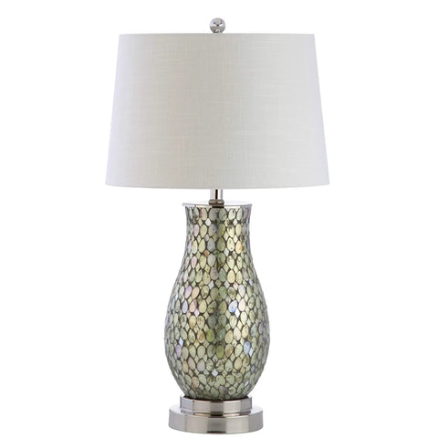Dope Green Mosaic LED Table Lamp With Iron Base And White Linen Drum Shade Coastal Traditional Style Nickel Accents UL Listed LED Bulb Included 28 Inch Tall