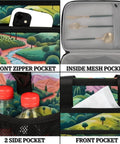 Forest Landscape Insulated Picnic Backpack with large storage showing compartments for snacks and lunch, ideal for outdoor use.