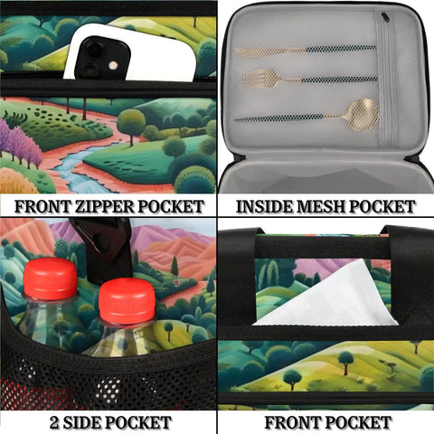 Forest Landscape Insulated Picnic Backpack with large storage showing compartments for snacks and lunch, ideal for outdoor use.