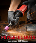 Top Tier 1/4 Inch Electric Die Grinder Pulling 28000 RPM With Rubber Grip Handle in use for metal grinding with sparks.