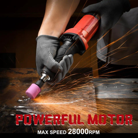 Top Tier 1/4 Inch Electric Die Grinder Pulling 28000 RPM With Rubber Grip Handle in use for metal grinding with sparks.