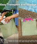 Two grass green waterproof wet bags, one holding diapers, another swimwear, ideal for travel and daycare storage on the go.