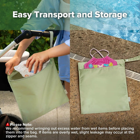 Two grass green waterproof wet bags, one holding diapers, another swimwear, ideal for travel and daycare storage on the go.