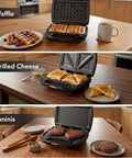 Keinve 3 In 1 Sandwich Maker And Waffle Iron with removable non-stick plates showcasing waffles, grilled cheese, and paninis.