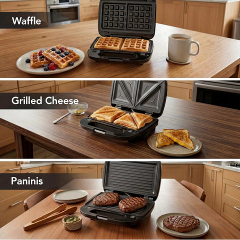 Keinve 3 In 1 Sandwich Maker And Waffle Iron with removable non-stick plates showcasing waffles, grilled cheese, and paninis.