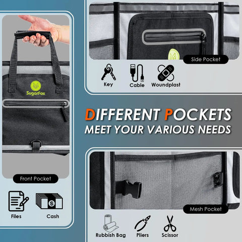 95L Car Trunk Organizer With 26L Ice Pack showing different pockets for cables, woundplast, keys, files, and cash, mesh pocket visible.