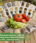 Display of seed packs with a tomato, lettuce, and strawberries, showcasing the Huge 15000 Seeds Non GMO Heirloom Seed Kit.