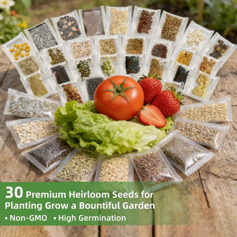 Display of seed packs with a tomato, lettuce, and strawberries, showcasing the Huge 15000 Seeds Non GMO Heirloom Seed Kit.