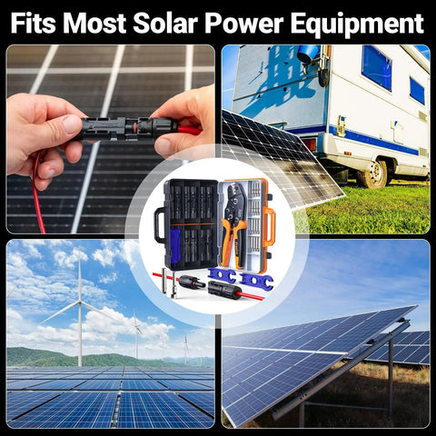 Pro Grade Solar Crimp Tool Kit With Ratcheting Crimper, 10 Pairs MC4 Connectors And 2 Wrenches overview with solar panels