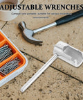Heavy Duty Universal Fire Sprinkler Wrench Tool Rock Solid Metal Spanner on concrete floor with tools and screws around.