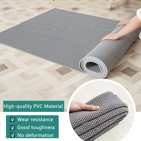 Commercial Drainage Mat 3x10 Ft 0.22 Inch Thick Grippy Non Slip PVC Floor Rug For Restaurant Kitchen Bar Patio Bathroom Wet Areas Gray Durable Easy Drying Heavy Duty Water Drain Mat being unrolled on floor