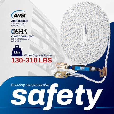 Tough As Nails 50Ft Vertical Lifeline Assembly With Auto Lock Rope Grab And Heavy Duty Safety Lanyard For Rough Job Site Fall Protection Gear Zero Issues, showing rope and hardware.