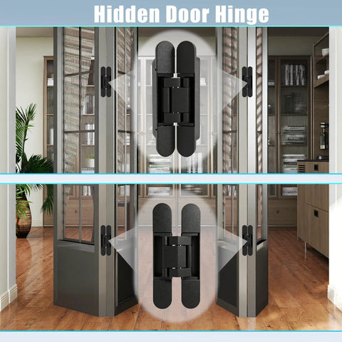 Hidden Door Hinge Set for Secret Bookcase Doors, Silent Rotating Concealed Hinges, 6 Inch, Side Mount, shown installed on doors
