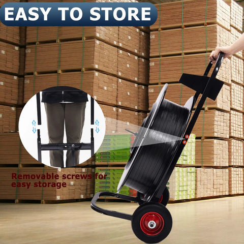 Beast Heavy Duty Strapping Cart With Built In Tray And Dispenser shown in a warehouse, highlighting removable screws for easy storage.