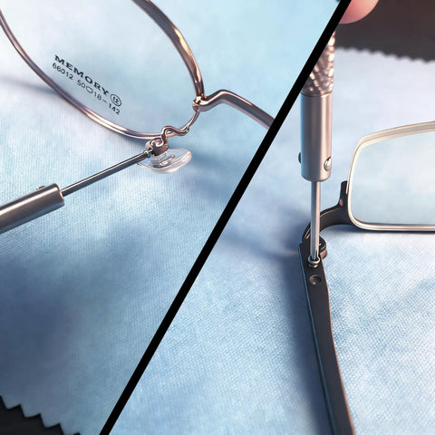 All In One Eyeglass Repair Kit You Can Grab And Go With 18 Screw Sizes, 1.4mm Precision Screwdrivers, Tweezers, Nose Pads And Cleaning Cloth For All Eyewear Types, Compact Handy Glasses Repair Kit used to fix glasses screws and nose pads on a blue cloth.