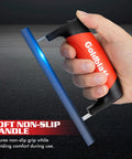 Hand holding Pro Grade Blue Steel Concrete Edger 6x6 Inch With Soft Grip Handle, high carbon blade shown in close-up.