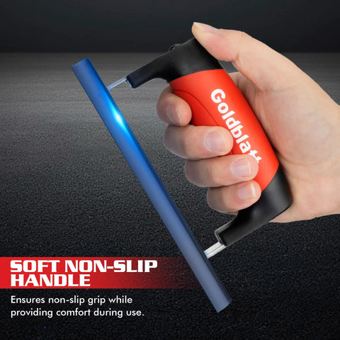 Hand holding Pro Grade Blue Steel Concrete Edger 6x6 Inch With Soft Grip Handle, high carbon blade shown in close-up.