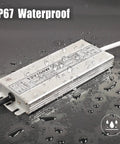 Outdoor LED Driver 12V DC 150W Power Supply IP67 Waterproof Transformer with slim durable case shown with water droplets