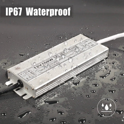 Outdoor LED Driver 12V DC 150W Power Supply IP67 Waterproof Transformer with slim durable case shown with water droplets