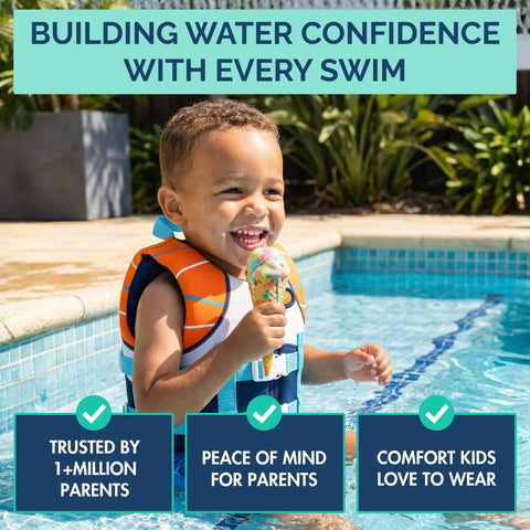 Child in pool wearing Kids Swim Vest With Integrated Foam Panel For Toddlers And Kids CE Certified Flotation Aid Secure Double Zip