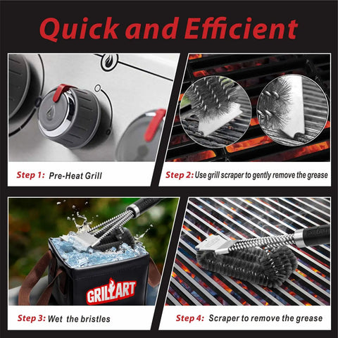 Steps to use Three In One 18 Inch BBQ Grill Brush And Scraper Kit With Three Round Heads For 360 Degree Grate Cleaning