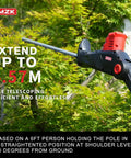 Cordless Pole Hedge Trimmer Attachment With 23 Inch Blade, 8 Foot Reach, Multi Angle Head in use on garden hedges