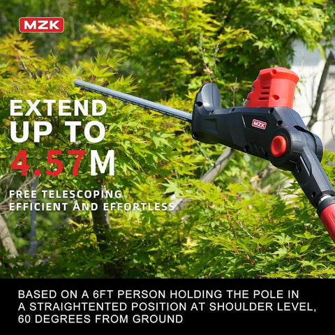 Cordless Pole Hedge Trimmer Attachment With 23 Inch Blade, 8 Foot Reach, Multi Angle Head in use on garden hedges